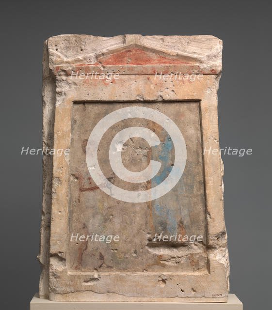Painted limestone funerary slab with a soldier taking a kantharos..., 2nd half of 3rd century B.C. Creator: Unknown.
