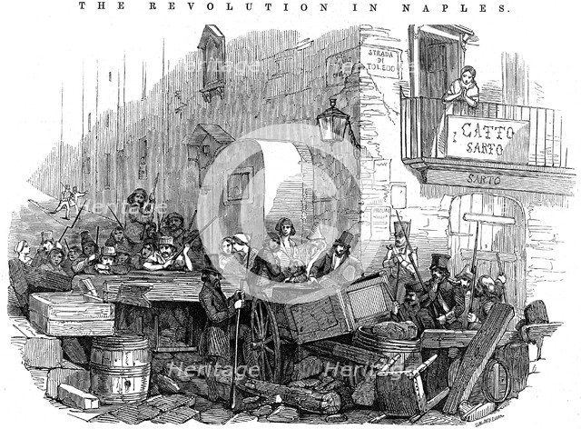 Barricade in the Strada di Toledo just before the attack, Revolution in Naples, 15 May 1848. Artist: Unknown