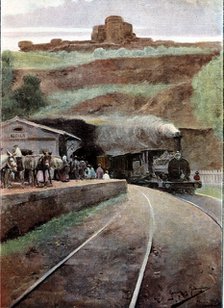 Landscapes of Seville, Panaderos train station, drawing by Garcia y Rodriguez, 1903.