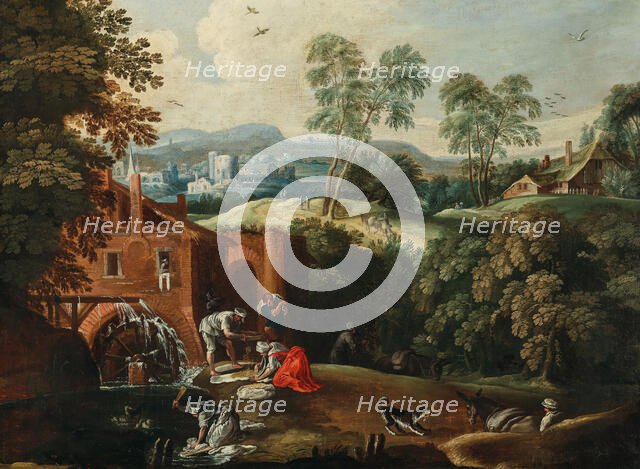 Peasants panning for gold in a river, 17th century. Creator: Anonymous.