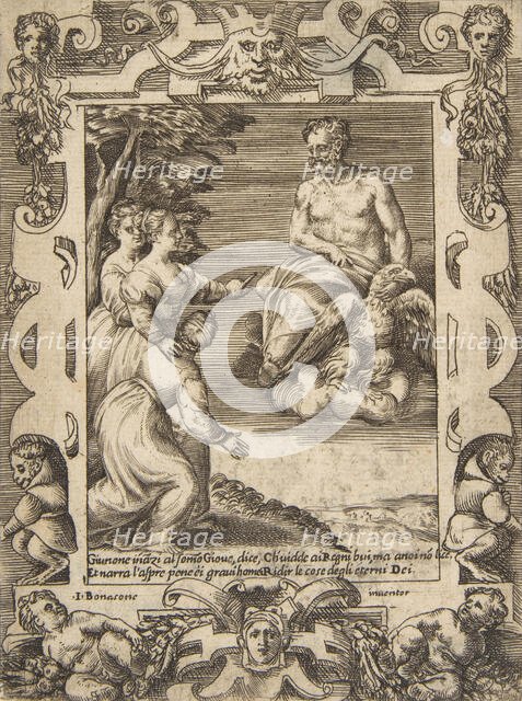 Juno at left asks Jupiter to help the Greeks, set within an elaborate frame, from the '..., 1531-76. Creator: Giulio Bonasone.
