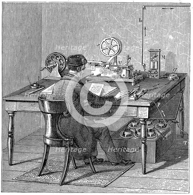 Operator sending a message on a Morse electric printing telegraph, 1887. Artist: Unknown