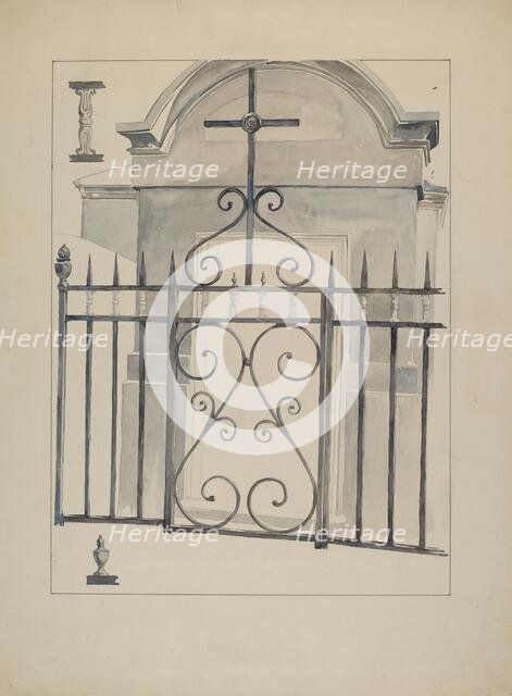 Iron Gate and Fence, c. 1936. Creator: Arelia Arbo.