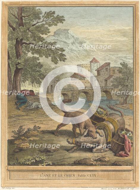 L'ane et le chien (The Donkey and the Dog), published 1756. Creator: Michel Aubert.