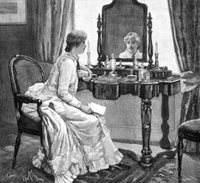Then, looking up in her trouble and perplexity, she caught sight of her own face in the glass, 1883. Creator: R. Taylor.