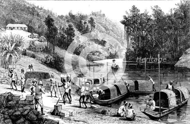 The Lushai Expedition: officers checking stores after crossing a river, 1890. Creator: Unknown.