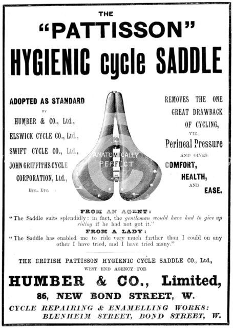 Advertisement for the "Pattisson" Hygienic cycle saddle, 1898. Creator: Unknown.