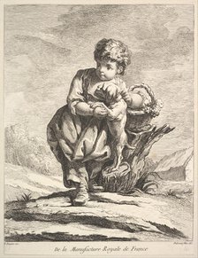 Child with a dog, holding a basket of grapes, from Premier Livre de Figures d'après les po..., 1757. Creator: Pierre Etienne Falconet.