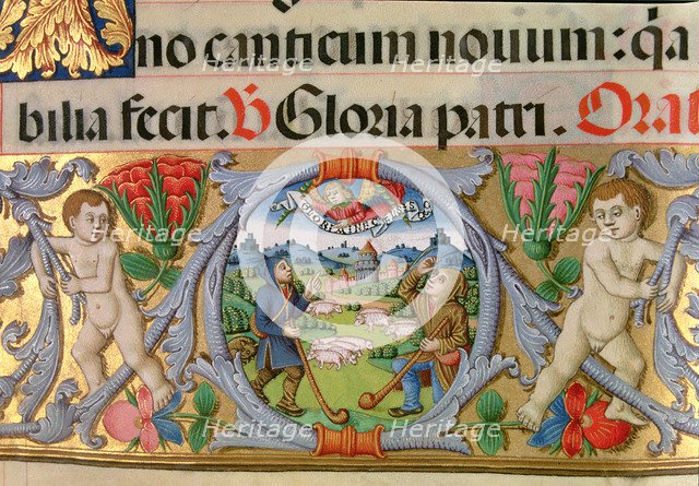 Shepherding scene with the castle at background, border of the rich Missal of Cardinal Cisneros.