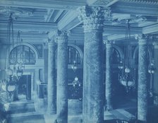 Willard Hotel, view of lobby ceiling, chandeliers and columns, between 1901 and 1910. Creator: Frances Benjamin Johnston.