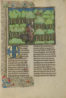 A Hunter and a Dog Tracking in a Forest; Livre de la Chasse, about 1430-1440. Creator: Unknown.