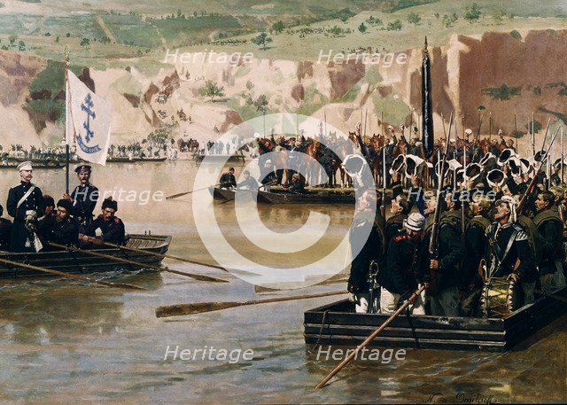 The Russians crossing the Danube at Svishtov in Juny 1877, 1870s. Artist: Dmitriev-Orenburgsky, Nikolai Dmitrievich (1837-1898)