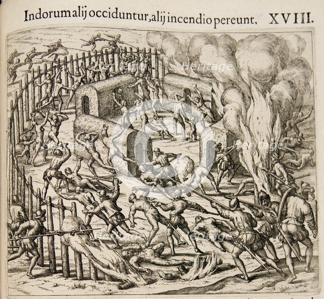 Some Indians are killed, some perish in a fire. (From: Americae pars qvarta). Artist: Bry, Theodor de (1528-1598)