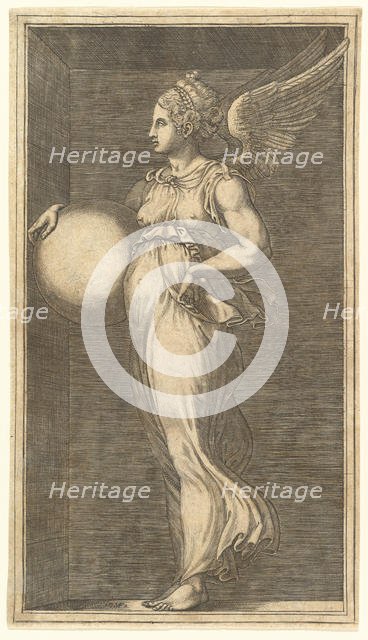 Female Winged Allegorical Figure Holding a Sphere, 1558/1559. Creator: Giorgio Ghisi.