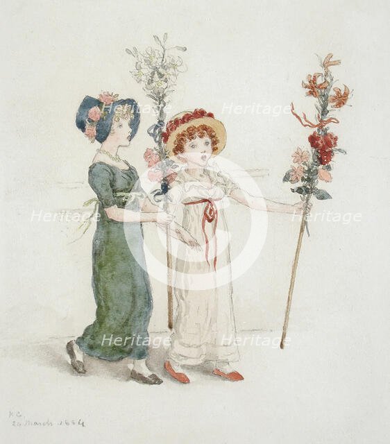 Two Children with Staffs, 1884. Creator: Catherine Greenaway.
