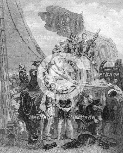 Columbus 'discovering' America, 1492, (19th century).Artist: Holhs
