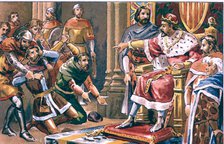 King Pedro IV of Aragon and his court receiving the emissaries of King Peter I of Castile, drawin…