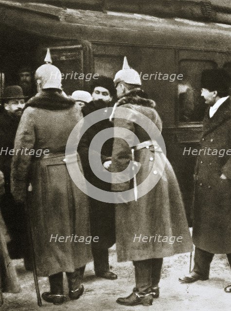 Trotsky and Russian delegates welcomed by German officers, Brest-Litovsk, Russia, 1917. Artist: Unknown