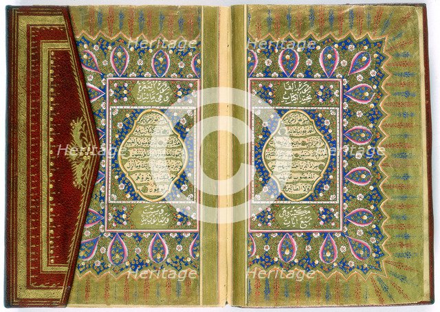 Double page spread from a Koran with marginal floral decoration, Turkish, 1855. Artist: Unknown