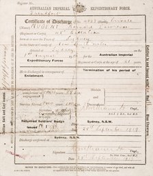 Certificate of discharge for Bernard Laurence 'Barney' Nugent, dated 28 September 1919. Creator: Murphy.