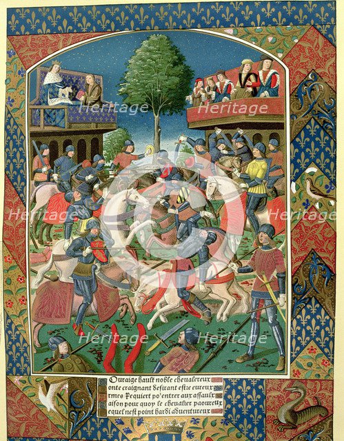 Tournament between gentlemen, miniature of the work 'Lancelot du Lac', 1491, printed by A. Verard.