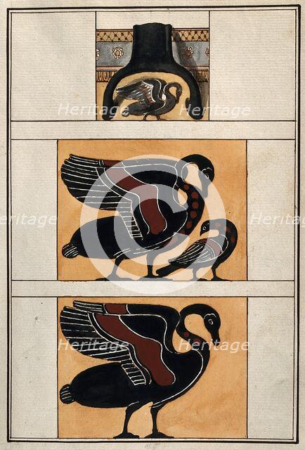 Above, detail of the handle of a black-figured Greek vase; middle, stylised swan..., 1760-9. Creator: Augustin Dahlsteen.