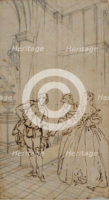 Literary Illustration with Gentleman and Two Ladies in Interior, n.d. Creator: Hubert Francois Gravelot.