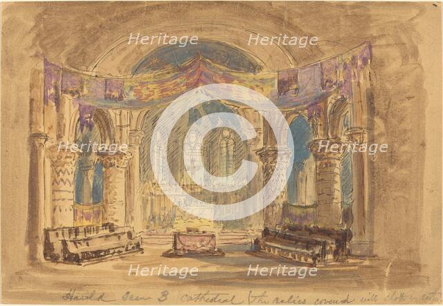 Harold Scene 3 Cathedral (The relics covered with cloth at centre). Creator: Robert Caney.