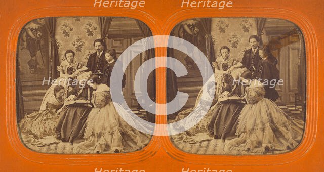 Family scene in parlor: elder woman reading to group, 1855-1860. Creator: Unknown.