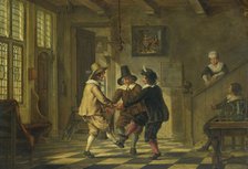 Three men in seventeenth-century costumes dancing in the entrance hall of a house, 1700-1885.  Creator: Anon.