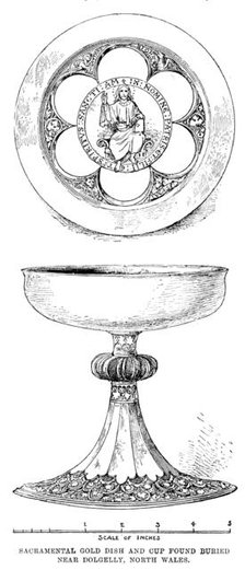 Sacramental gold dish and cup found buried near Dolgelly, North Wales, 1890. Creator: Unknown.
