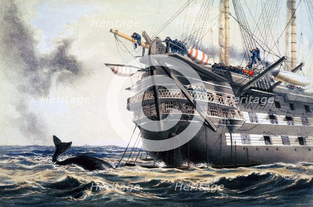 HMS 'Agamemnon' laying the original Atlantic telegraph cable, 1857 (1866). Artist: Robert Dudley