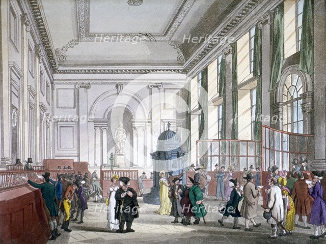 The Great Hall at Bank of England, City of London, 1809; with customers. and employees. Artist: Augustus Charles Pugin