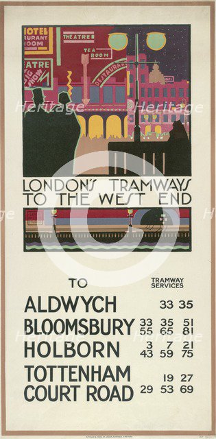 'London's Tramways to the West End', London County Council (LCC) Tramways poster, 1927. Artist: P Irwin Brown