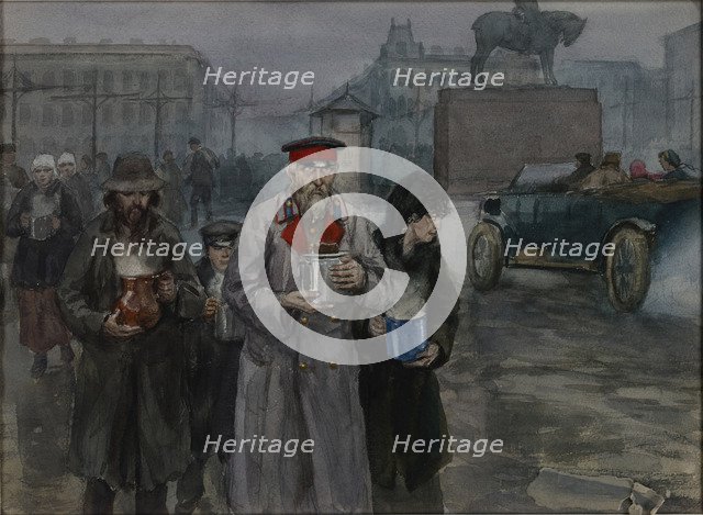 Hungry years in Petrograd. Return from a communal soup kitchen, 1919.