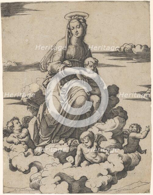 The Virgin and the Christ Child seated on clouds, ca. 1500-1534. Creator: Marcantonio Raimondi.
