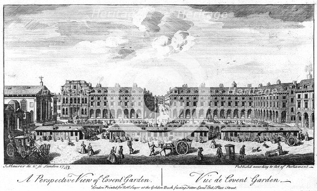 Covent Garden, London, showing stalls in the centre of the square, 1753. Artist: Unknown