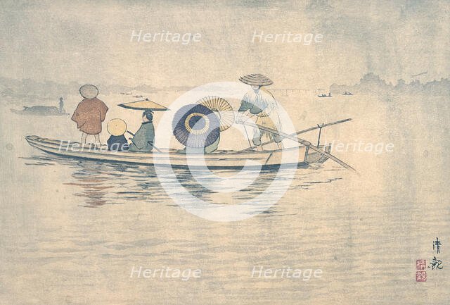 Spring Rain near the Great Riverbank: A Crossing Ferry Boat, c1884. Creator: Kobayashi Kiyochika.