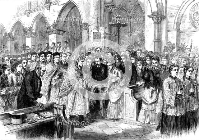 Gathering of English pilgrims, pro-Cathedral Kensington, for the pilgrimage to Paray-le-Monial, 1873 Creator: Unknown.