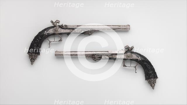 Pair of Percussion Target Pistols for 1844 Exposition des Produits de l'Industrie in Paris, French,  Creators: Alfred Gauvain, Michel Lienard, Léopold Bernard.