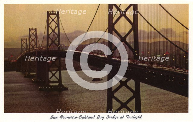 San Francisco-Oakland Bay Bridge at Twilight, San Francisco, California, USA, 1957. Artist: Unknown