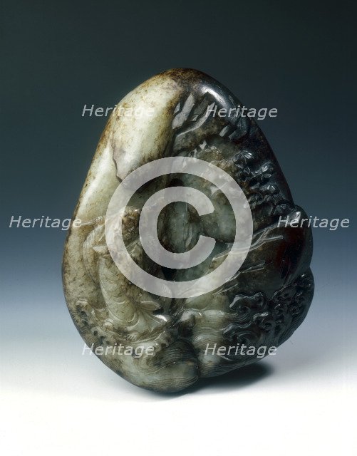 Jade pebble with Bodhidharma crossing a mountain stream, Qing dynasty, China, 1662-1772. Artist: Unknown