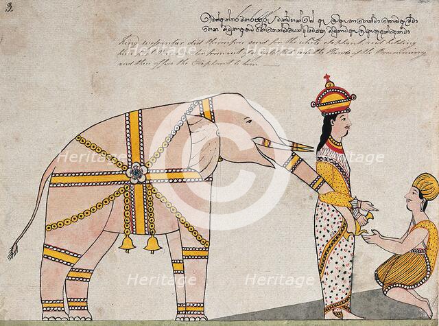 Prince Vessantara offers an elephant to the seven brahmins from Kalinga, 1815. Creator: Unknown.