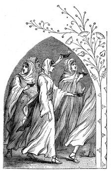 The Wise Virgins going to meet the bridegroom, their lamps shining brightly, 1883. Artist: Unknown