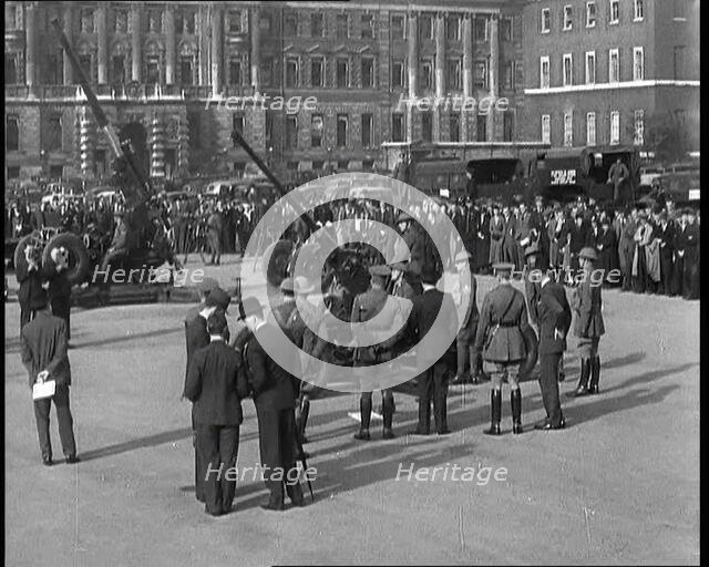 Anti-Aircraft Guns in Horseguard's Parade With Army Officers Attending and Bystanders Look..., 1937. Creator: British Pathe Ltd.
