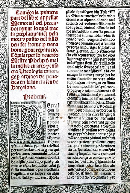 Memorial of remut sinner' incunabula (Barcelona 1495), cover of the first part (prohemi).