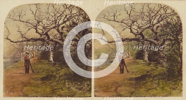 Man in hunting outfit with hat standing, holding shotgun, 1857-1859. Creator: William Morris Grundy.