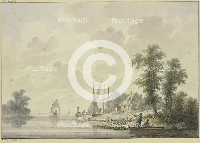 A barge lies by a farmhouse, a riverbank is visible in the foreground on the right, a boat... Creator: Nicolaas Wicart.