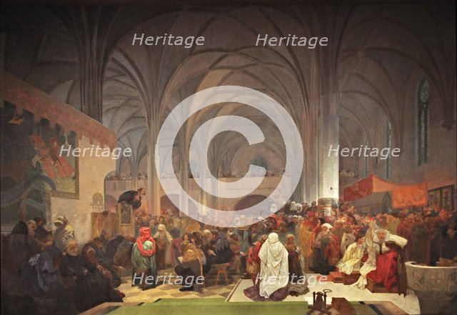 Master Jan Hus Preaching at the Bethlehem Chapel (The cycle The Slav Epic). Artist: Mucha, Alfons Marie (1860-1939)