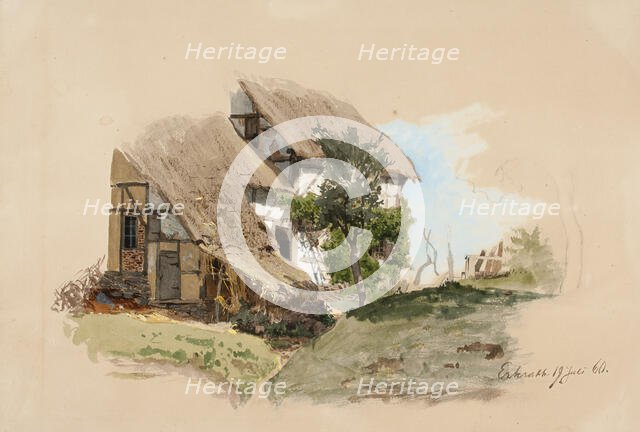 A peasant house in the Rhineland, a larch tree in the middle of the front of the house, 1860. Creator: Werner Holmberg.